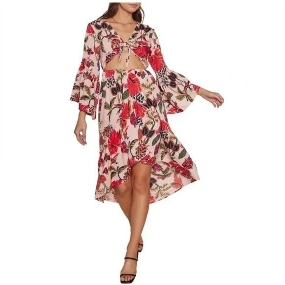 Raga Floral Cutout Bell Sleeve High Low Midi Dress Pink Multi R4561 Womens M NEW
